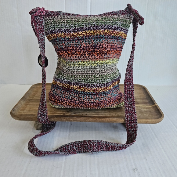 The Sak Multicolor Knit Peace Sign Crossbody Bag Zip Close Beading Boho Colorful - Picture 5 of 15